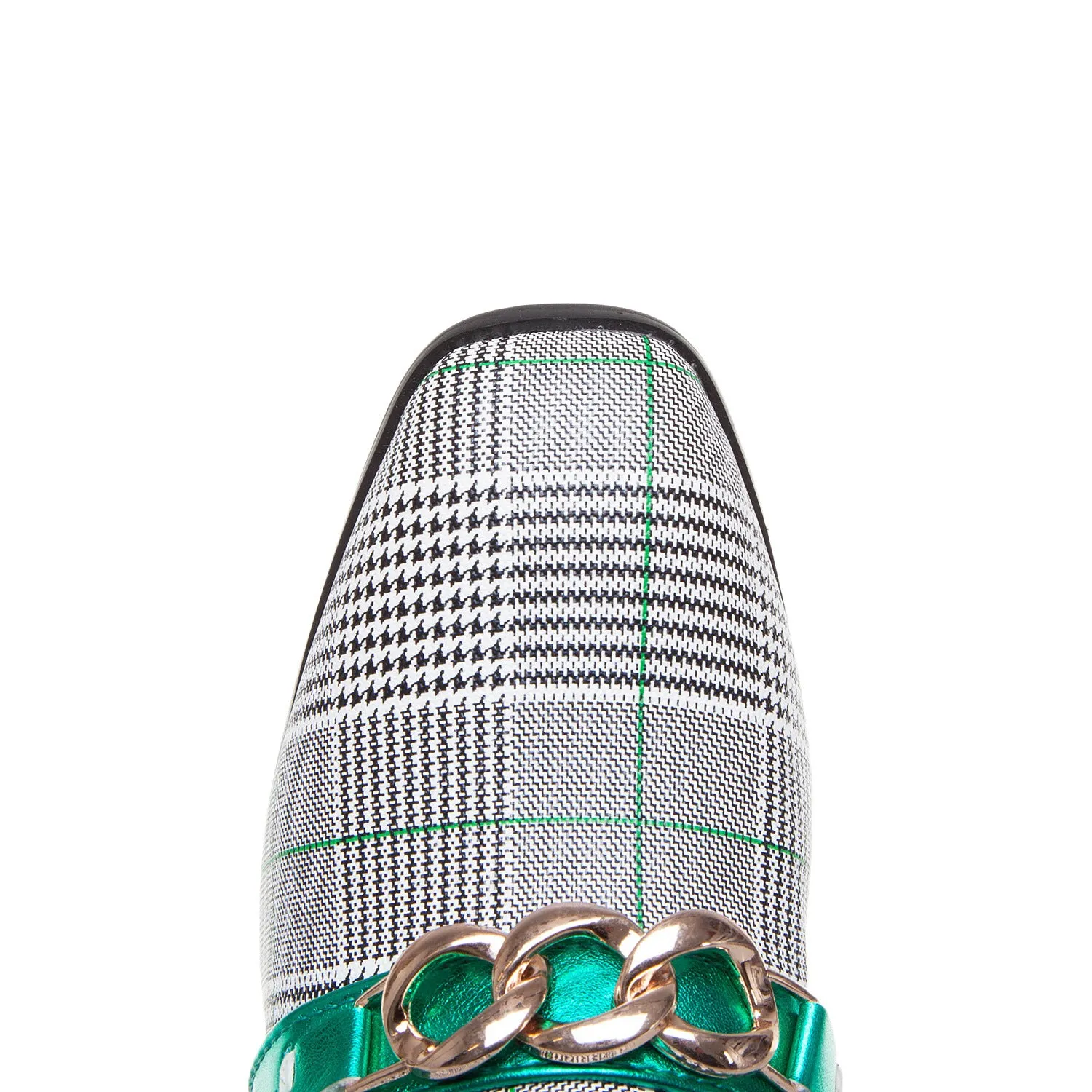 Women's metal decorative square toe slip-on shoes in green artificial PU with colour-matched metal detail