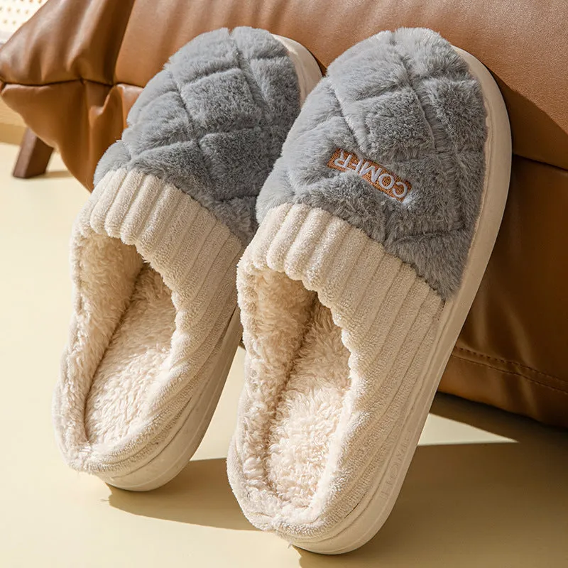 Solid rhombic letter home slippers in thickened plush with EVA sole, available in multiple colours and sizes for men and women