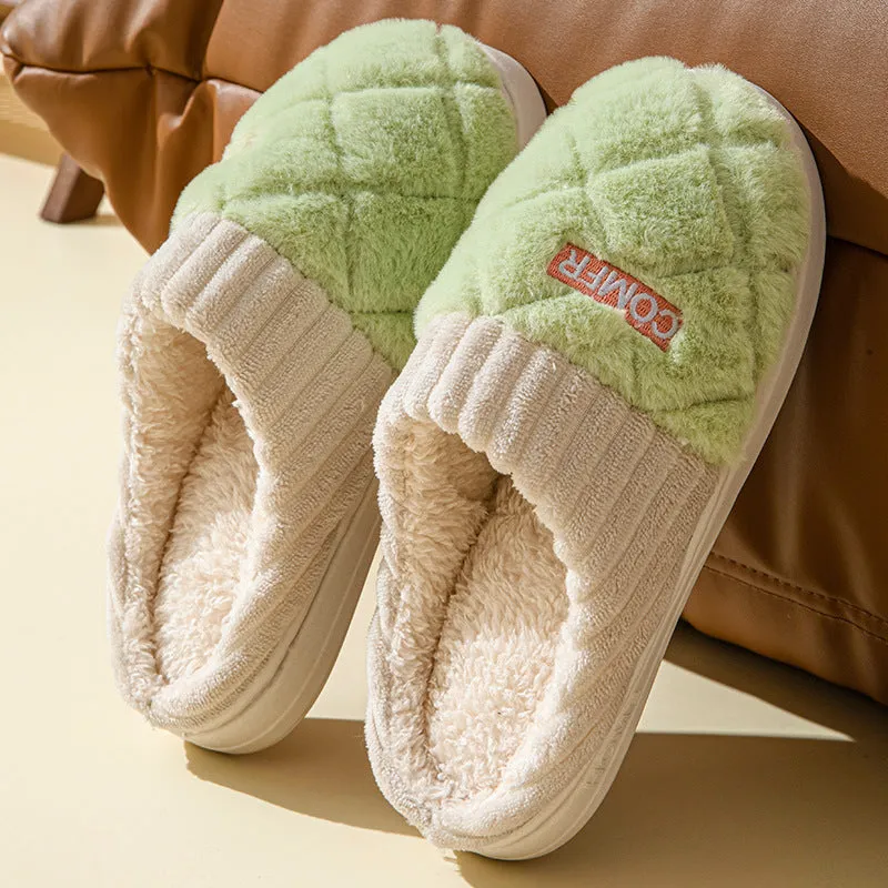 Solid rhombic letter home slippers in thickened plush with EVA sole, available in multiple colours and sizes for men and women