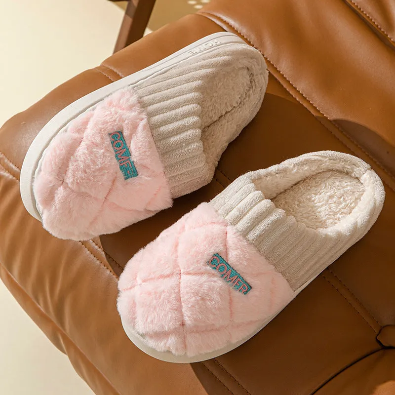 Solid rhombic letter home slippers in thickened plush with EVA sole, available in multiple colours and sizes for men and women