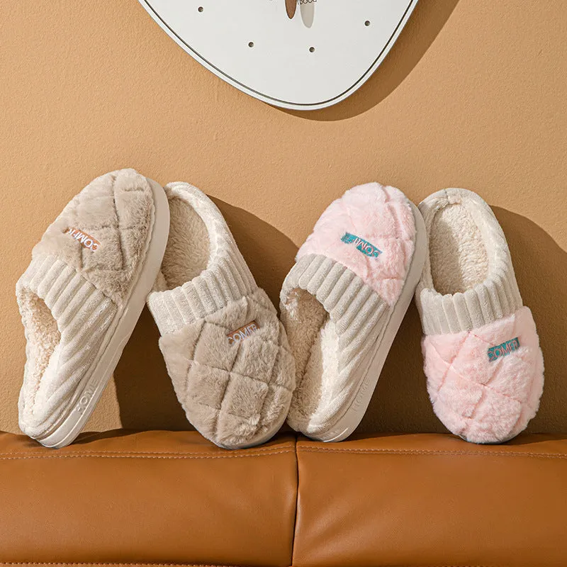 Solid rhombic letter home slippers in thickened plush with EVA sole, available in multiple colours and sizes for men and women