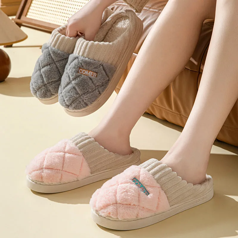 Solid rhombic letter home slippers in thickened plush with EVA sole, available in multiple colours and sizes for men and women