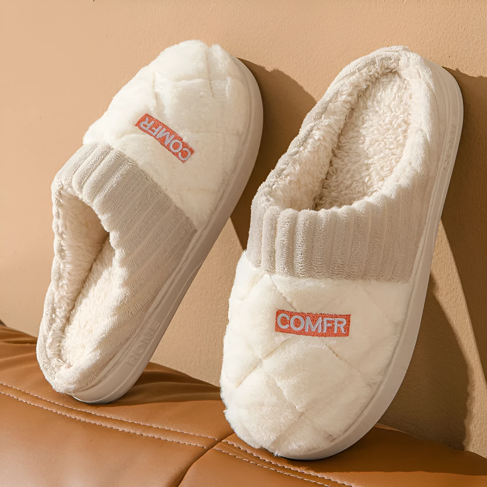 Solid rhombic letter home slippers in thickened plush with EVA sole, available in multiple colours and sizes for men and women