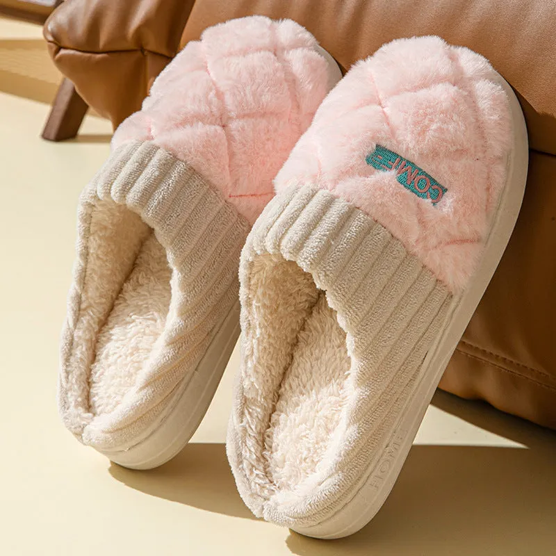 Solid rhombic letter home slippers in thickened plush with EVA sole, available in multiple colours and sizes for men and women