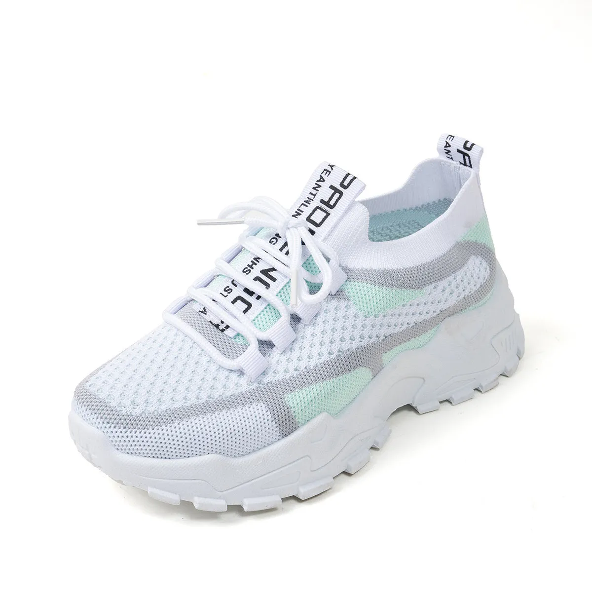 Women's Flyknit mesh lace-up sneakers in a grey colourway with a round toe and flat rubber sole.
