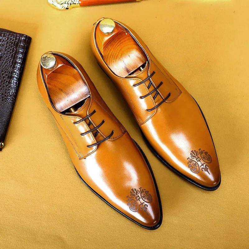 Men's cowhide leather pointed carved formal shoes in black, brown, or wine red with rubber sole