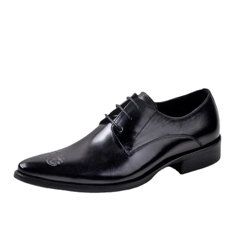 Men's cowhide leather pointed carved formal shoes in black, brown, or wine red with rubber sole