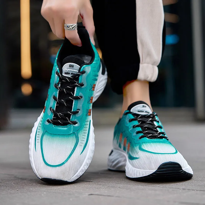 Fly-woven mesh thick-soled sports sneakers in blue and green – breathable lace-up men's walking running shoes