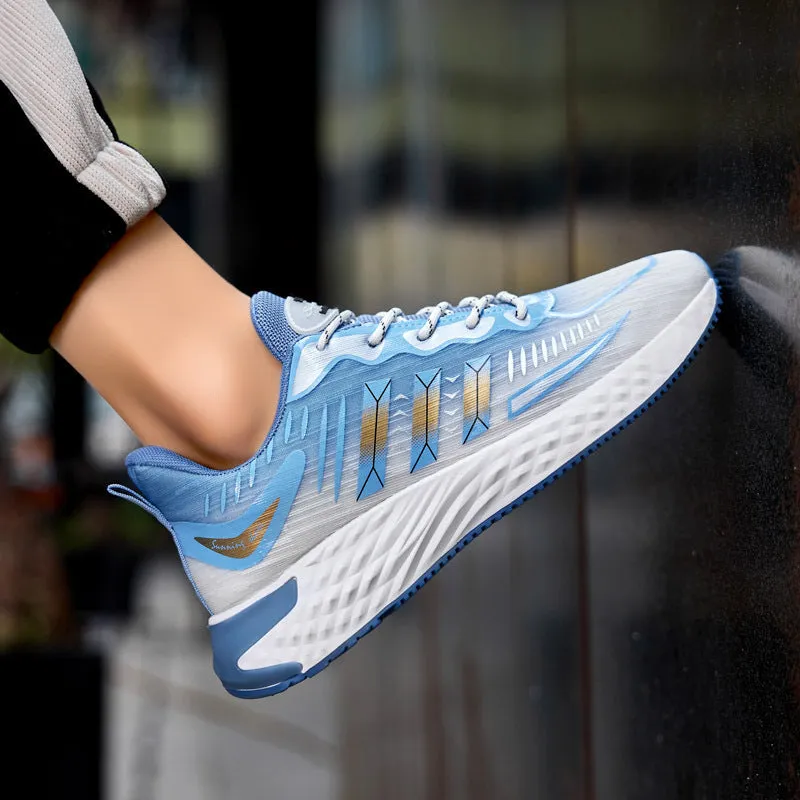 Fly-woven mesh thick-soled sports sneakers in blue and green – breathable lace-up men's walking running shoes