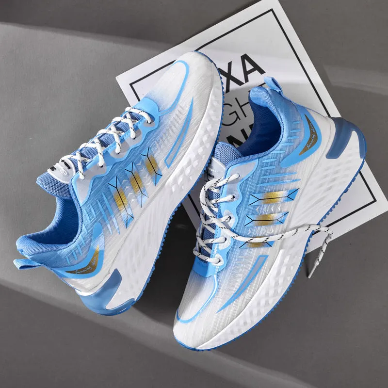 Fly-woven mesh thick-soled sports sneakers in blue and green – breathable lace-up men's walking running shoes