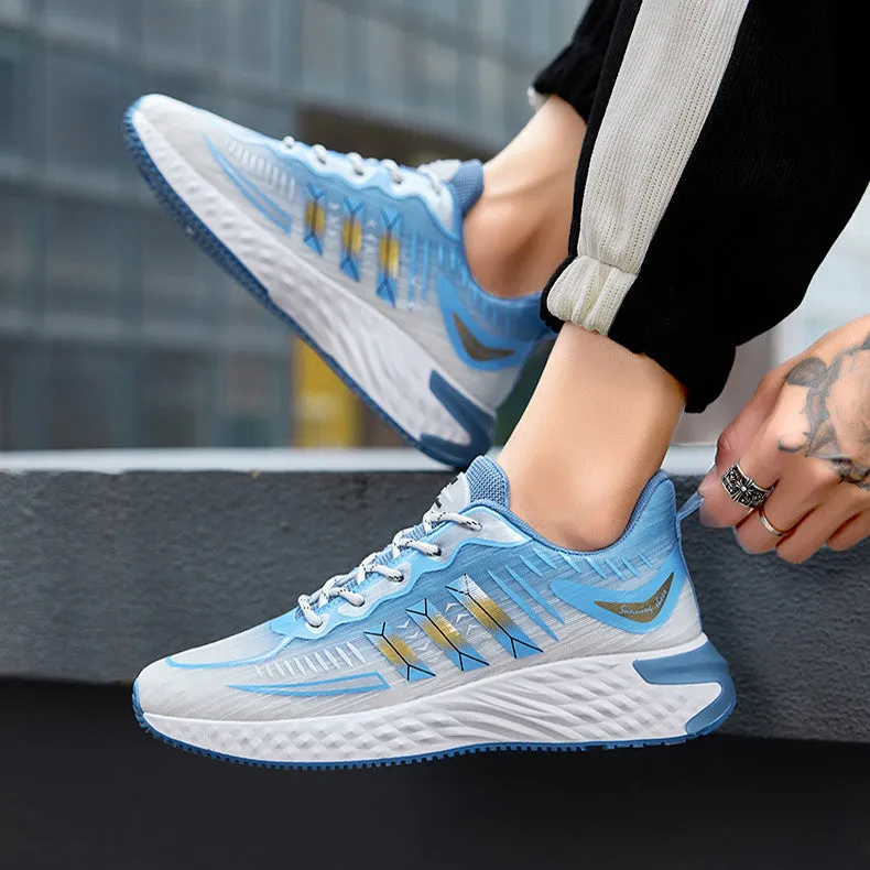 Fly-woven mesh thick-soled sports sneakers in blue and green – breathable lace-up men's walking running shoes