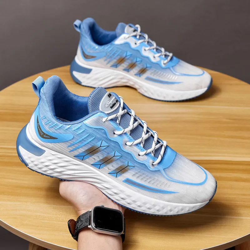 Fly-woven mesh thick-soled sports sneakers in blue and green – breathable lace-up men's walking running shoes