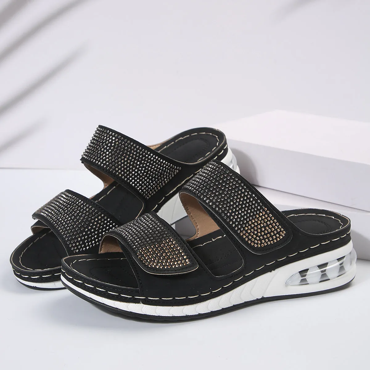 Women's air cushion wedge rhinestone slides sandals in beige, non-slip polyurethane sole, fish mouth toe, PU upper