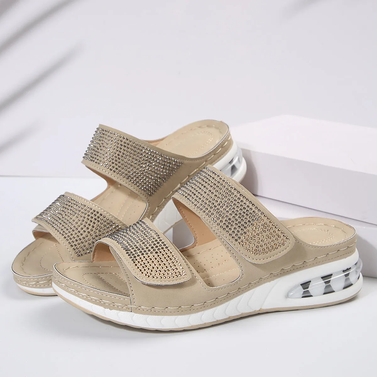 Women's air cushion wedge rhinestone slides sandals in beige, non-slip polyurethane sole, fish mouth toe, PU upper