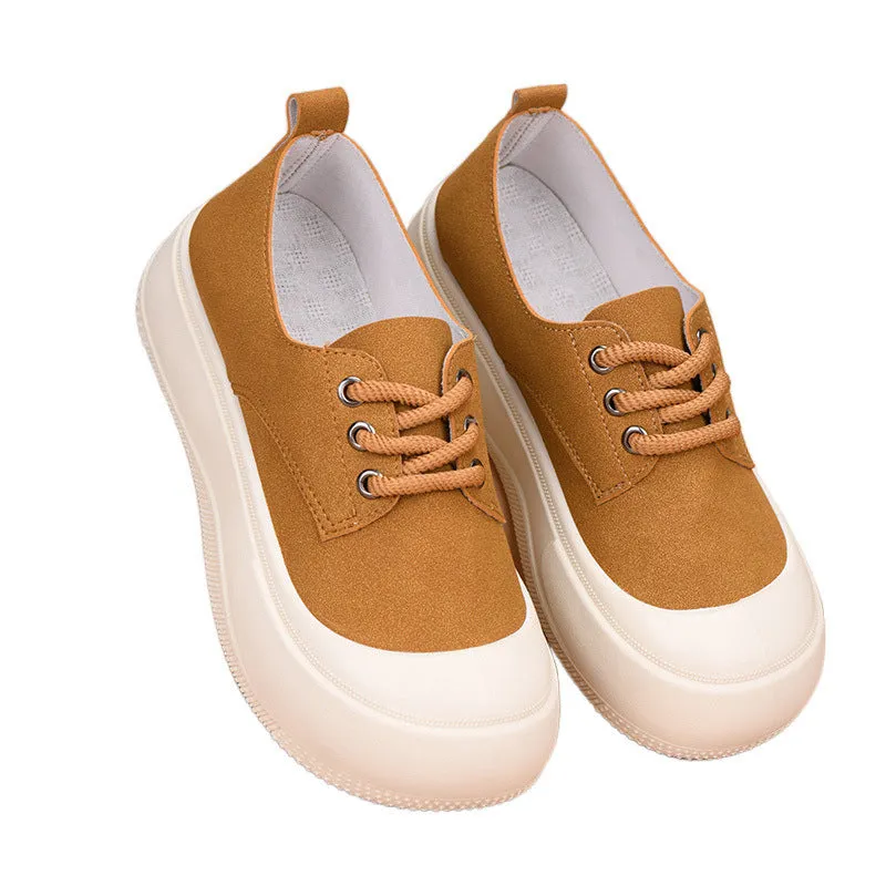 Women's camel suede platform loafers with round toe and front lace-up closure on flat rubber sole