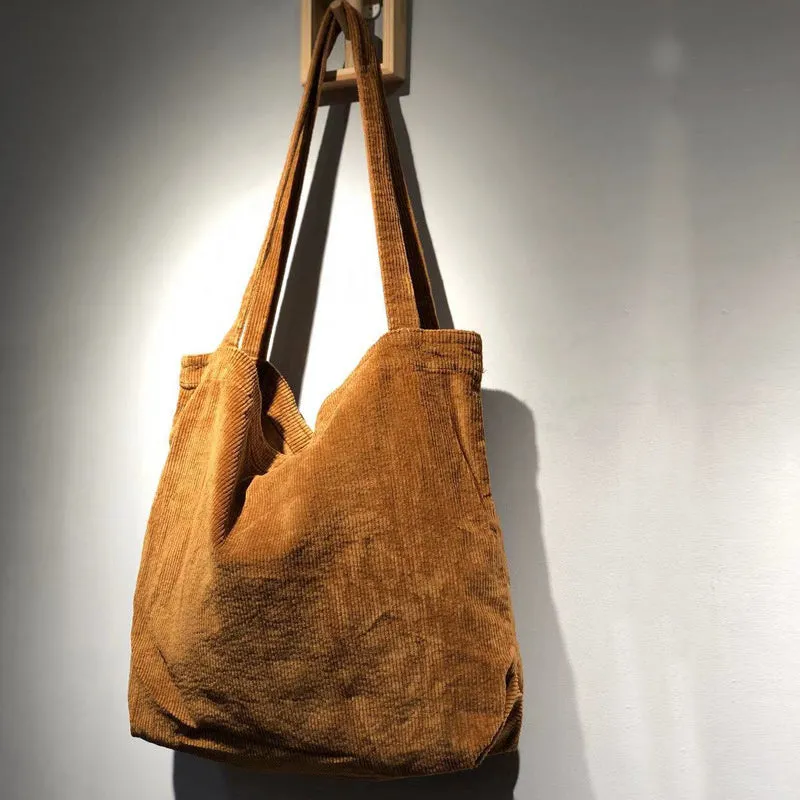 Corduroy shoulder tote bag large vertical square solid colour soft handle with pleated detail