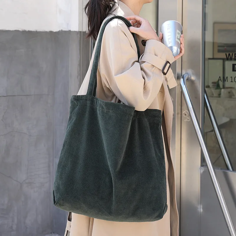 Corduroy shoulder tote bag large vertical square solid colour soft handle with pleated detail