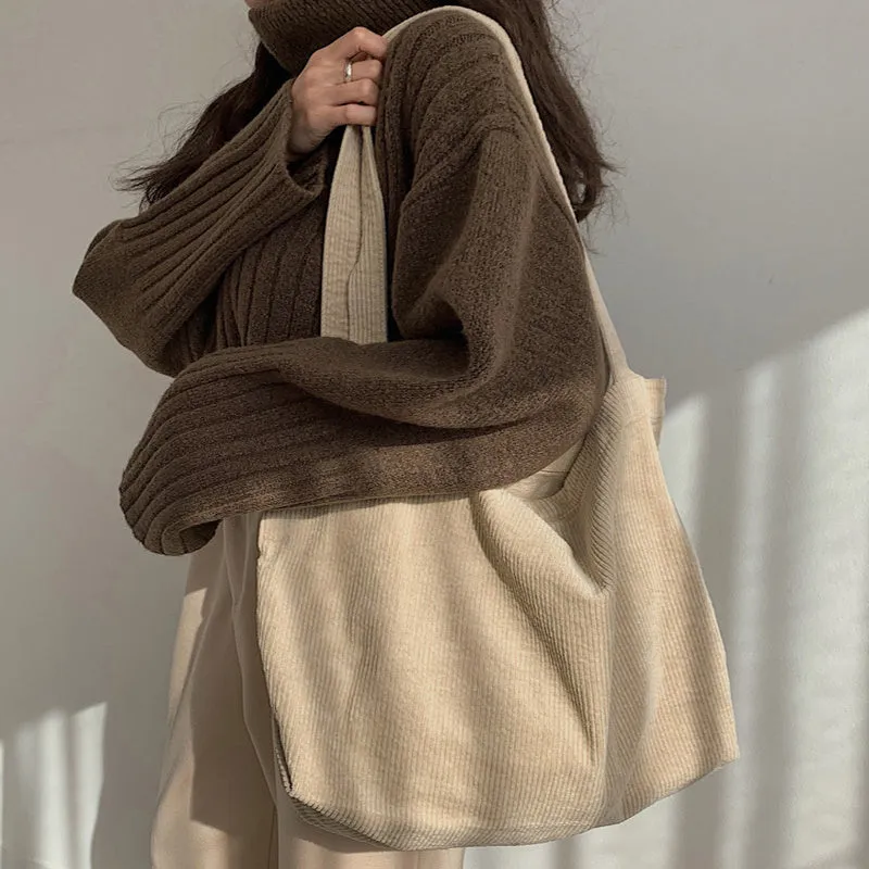 Corduroy shoulder tote bag large vertical square solid colour soft handle with pleated detail