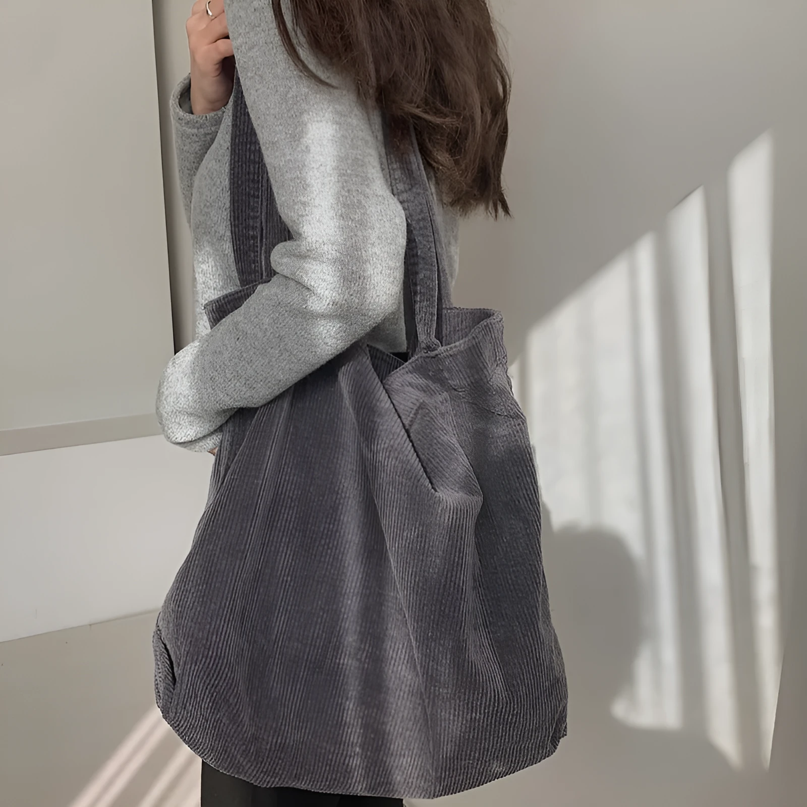 Corduroy shoulder tote bag large vertical square solid colour soft handle with pleated detail