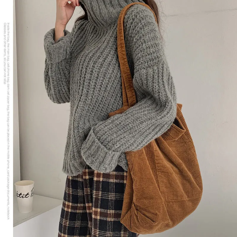 Corduroy shoulder tote bag large vertical square solid colour soft handle with pleated detail