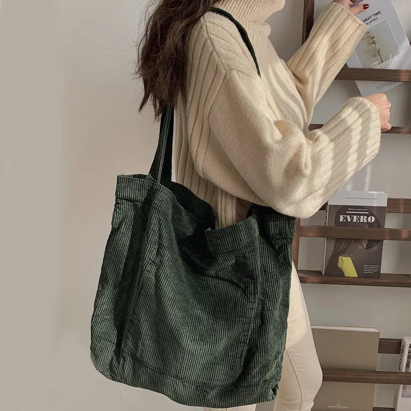 Corduroy shoulder tote bag large vertical square solid colour soft handle with pleated detail