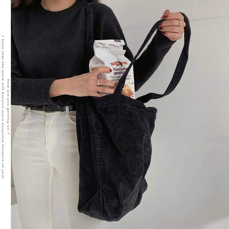 Corduroy shoulder tote bag large vertical square solid colour soft handle with pleated detail