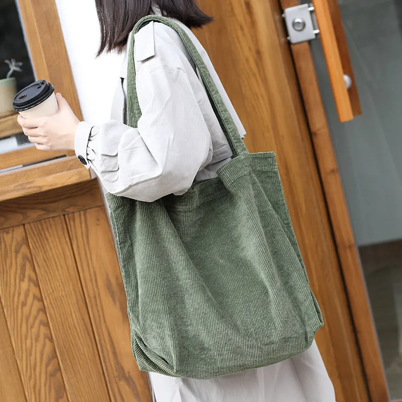 Corduroy shoulder tote bag large vertical square solid colour soft handle with pleated detail