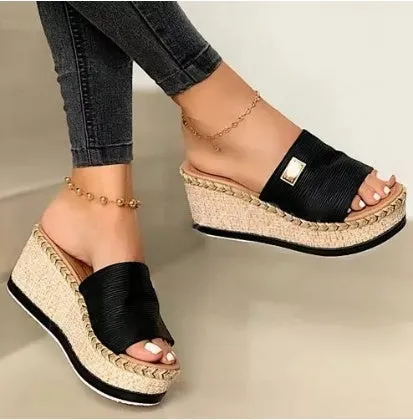 Women's wedge heel platform sandals with cloth upper and metal detail, plain style, front view