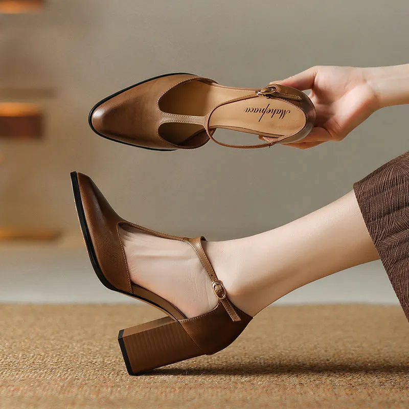 Women's pink and dark brown retro Mary Jane shoes with a pointed toe, buckle, and hollow design detail.