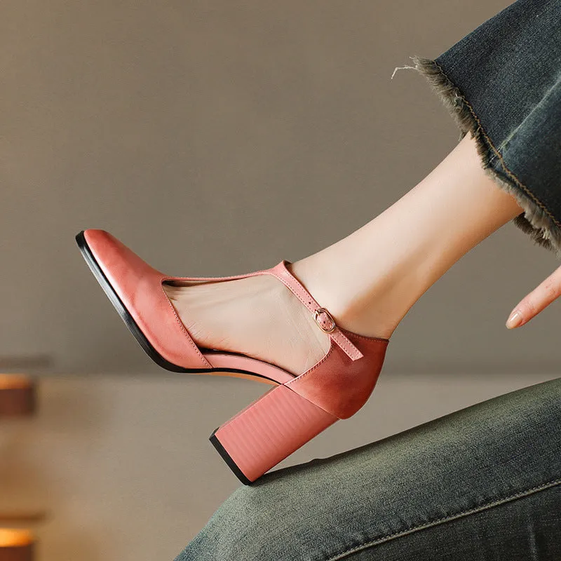 Women's pink and dark brown retro Mary Jane shoes with a pointed toe, buckle, and hollow design detail.
