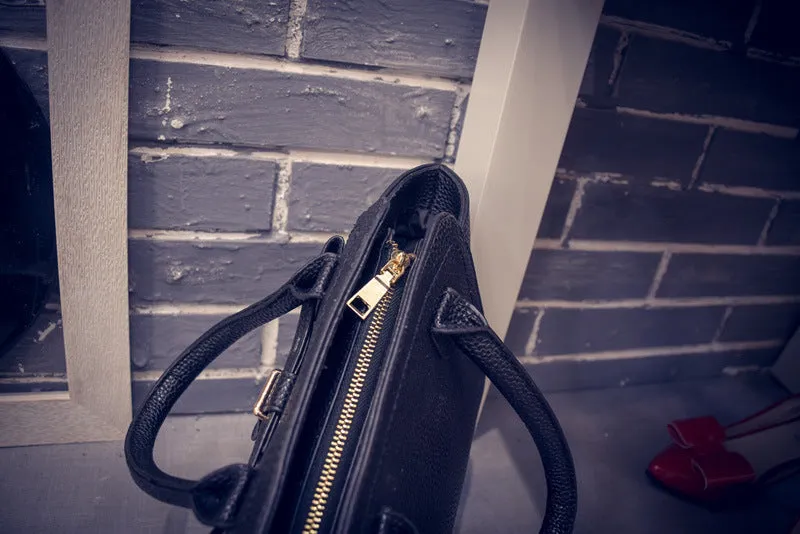 Women's black PU messenger bag with 120cm shoulder strap and zippered inner pocket