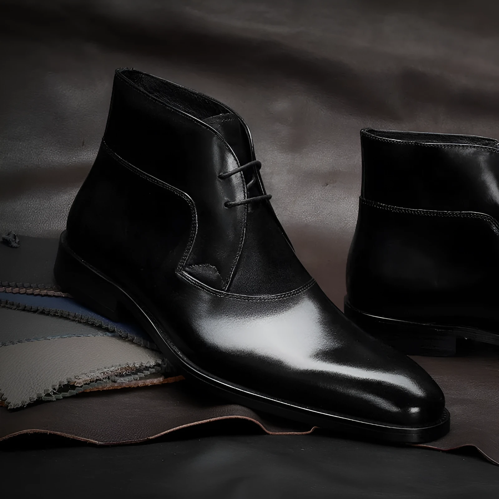 Martin men's autumn winter boot in black with high opening, leather stitching, and front lace up design
