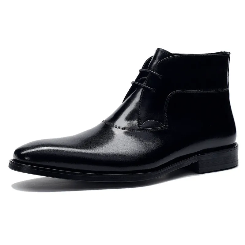 Martin men's autumn winter boot in black with high opening, leather stitching, and front lace up design