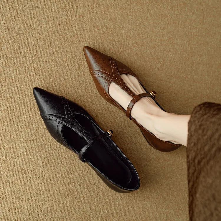 Brown pointed toe women's flat shoes with cowhide leather uppers and soft sole
