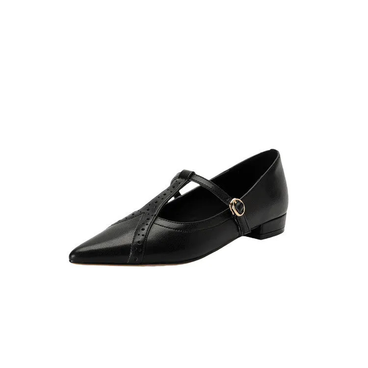 Brown pointed toe women's flat shoes with cowhide leather uppers and soft sole