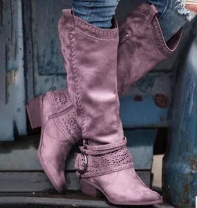 Women's suede knight boots high-top with metal buckle available in black and other colours