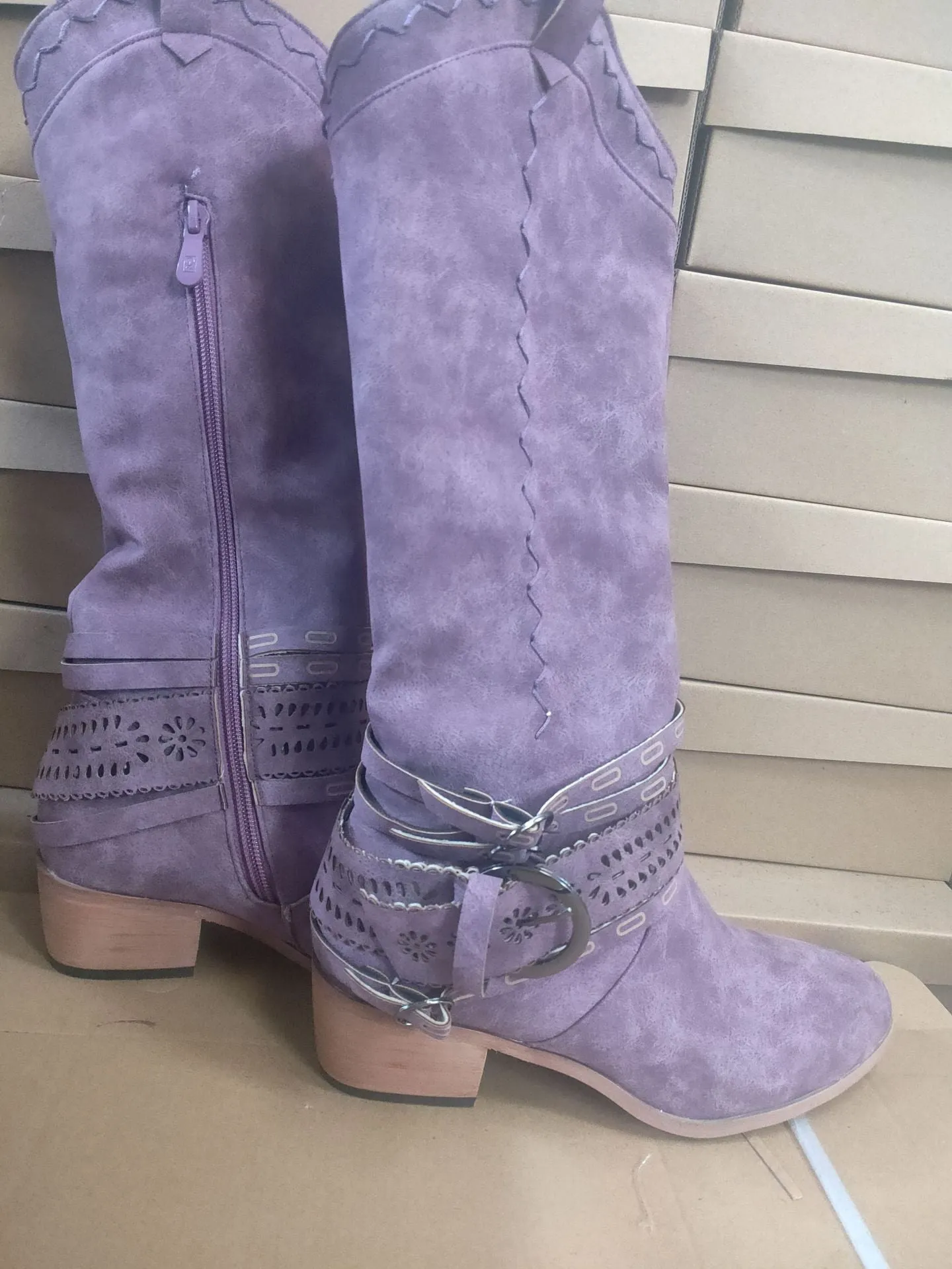 Women's suede knight boots high-top with metal buckle available in black and other colours