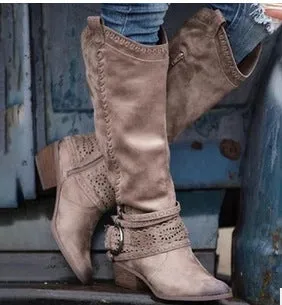 Women's suede knight boots high-top with metal buckle available in black and other colours