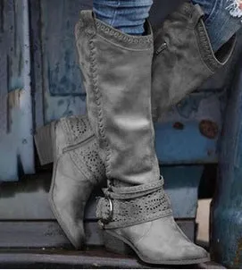 Women's suede knight boots high-top with metal buckle available in black and other colours
