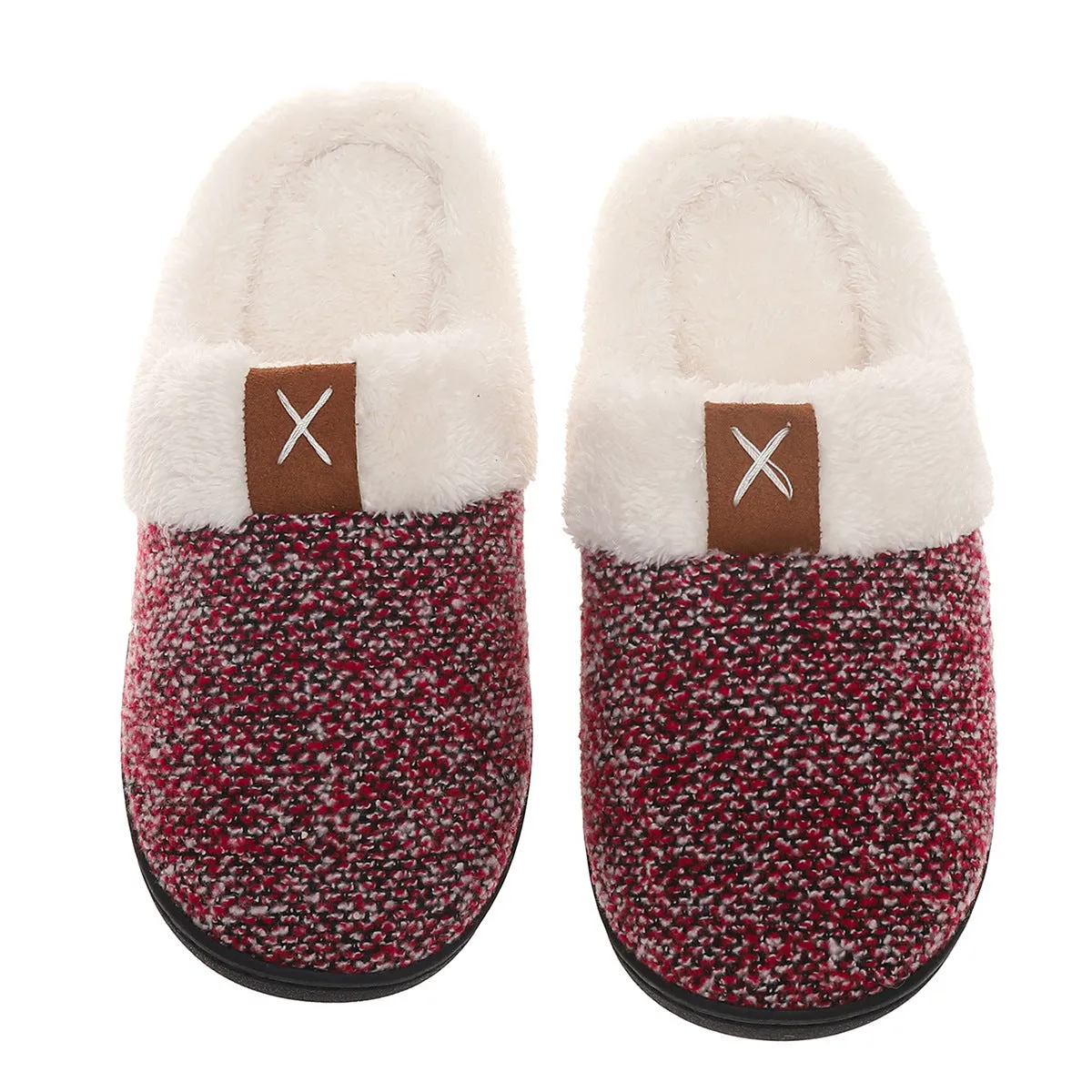 Winter plush slippers with thick bottom and round toe, unisex indoor house shoes in burgundy color