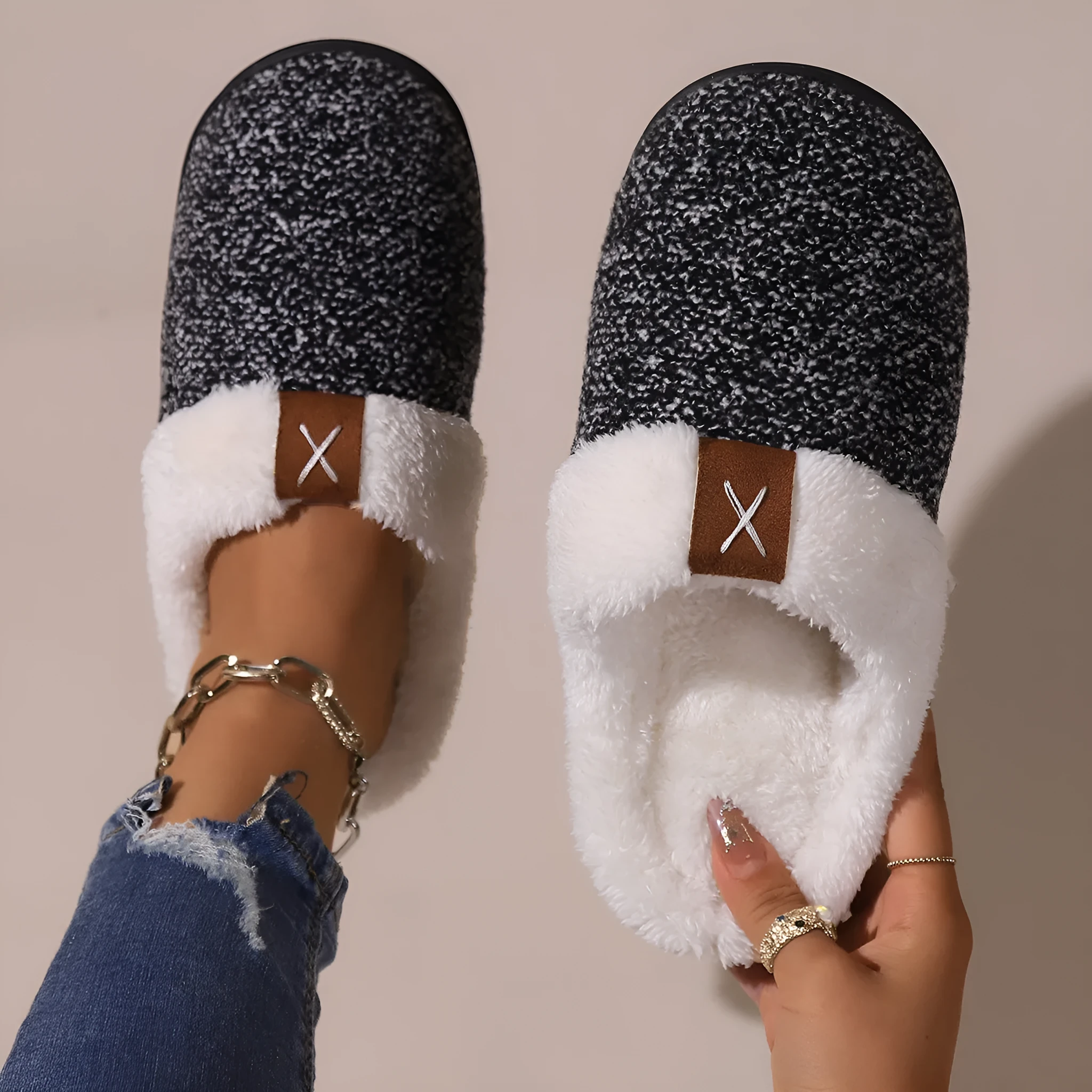 Winter plush slippers with thick bottom and round toe, unisex indoor house shoes in burgundy color