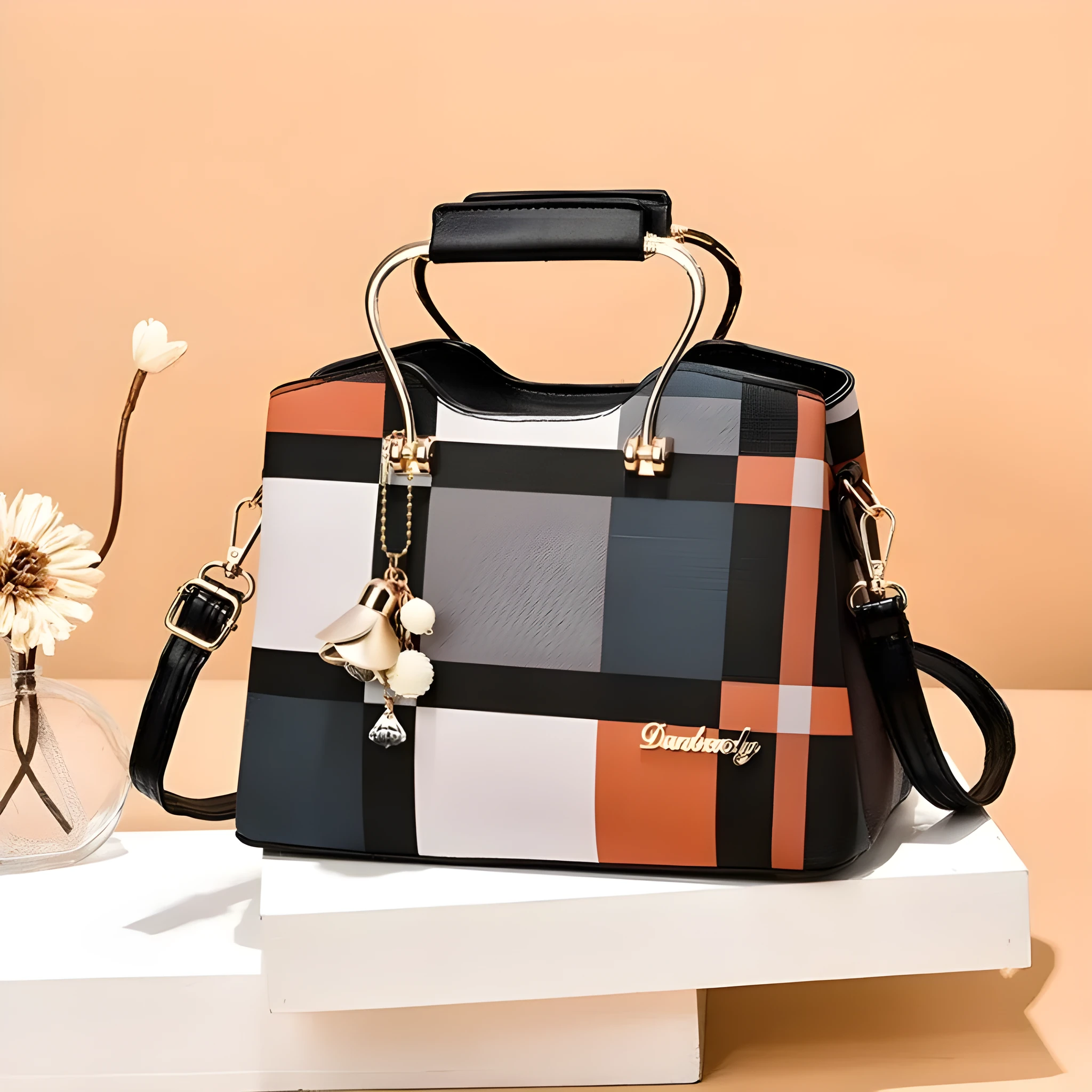 Large capacity PU leather women's handbag in horizontal square shape with sewing line detail, available in seven colours