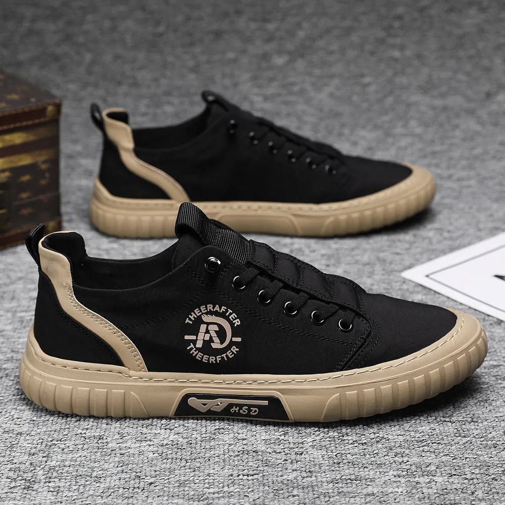Men's breathable canvas casual shoes in black with round toe, flat rubber sole, and lace-up closure