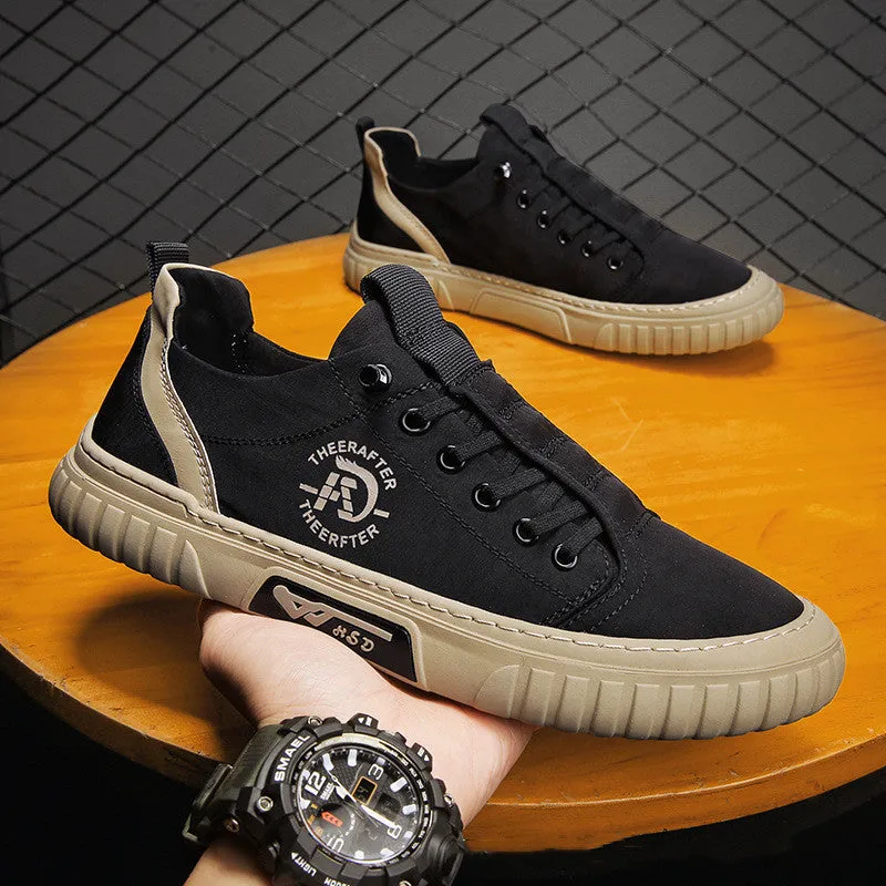 Men's breathable canvas casual shoes in black with round toe, flat rubber sole, and lace-up closure