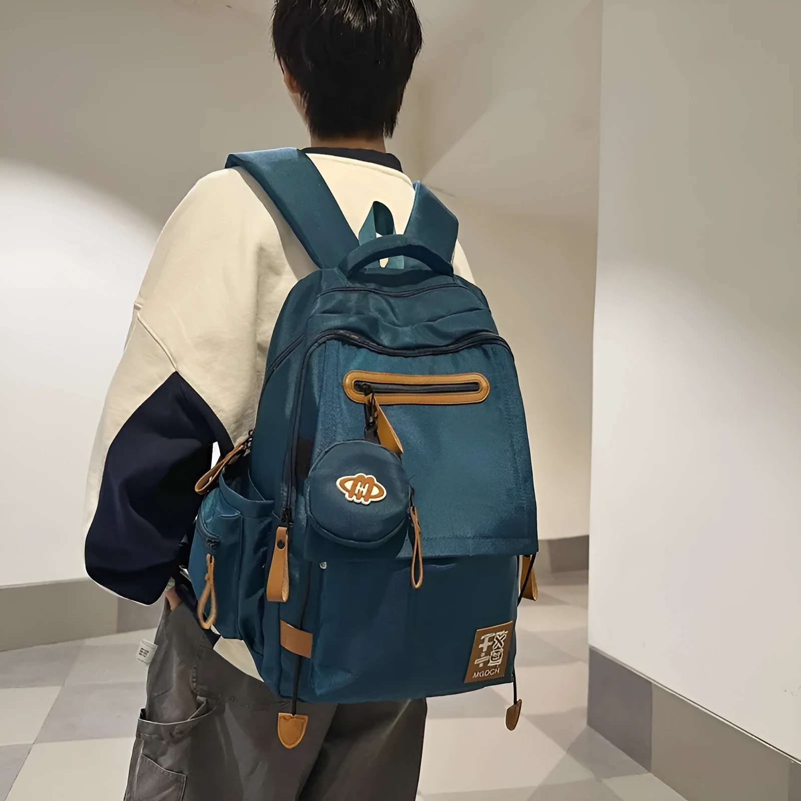 Large-capacity nylon school backpack for middle school students with curved shoulder straps in multiple colour options