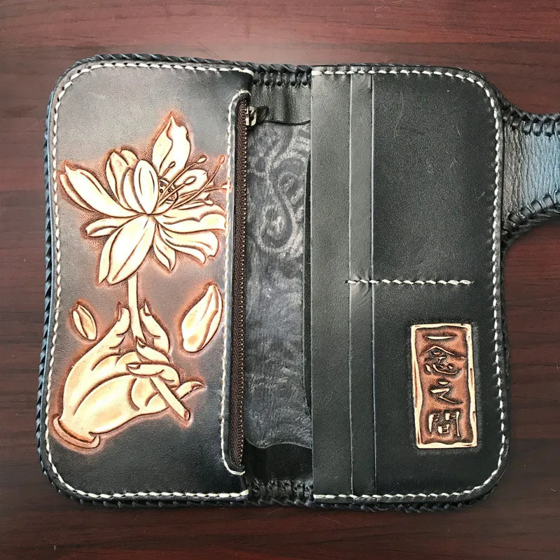 Men's top layer cow leather carving wallet with buckle closure, hardbound Inner Buddha version, 21 x 10.5 cm