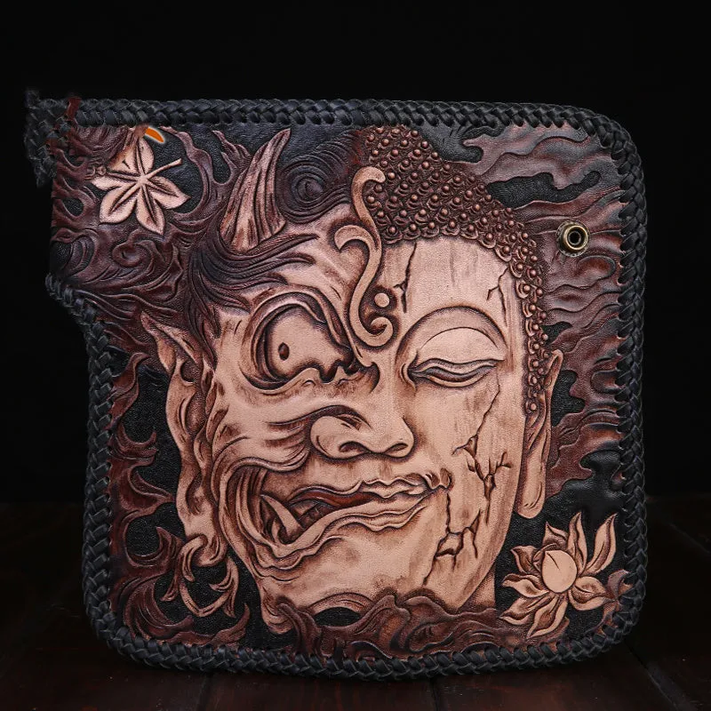 Men's top layer cow leather carving wallet with buckle closure, hardbound Inner Buddha version, 21 x 10.5 cm