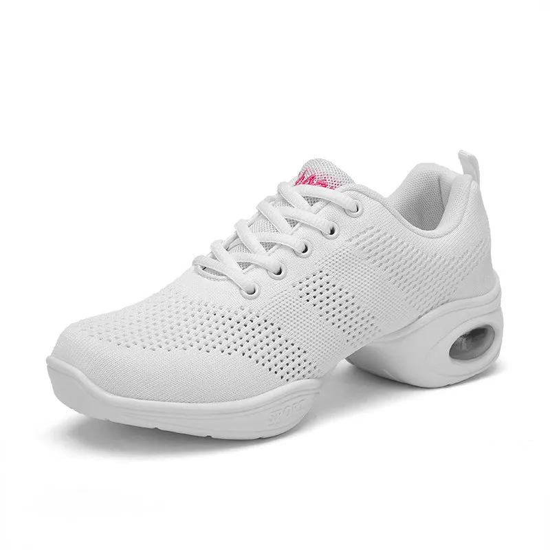 Women's white mesh dancing shoes with breathable upper and light PU sole