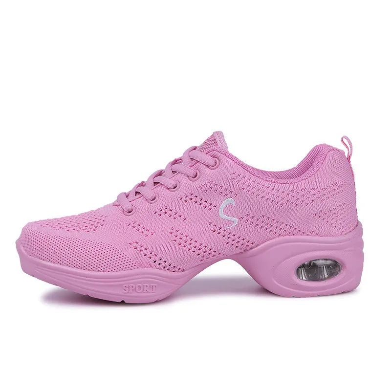 Women's white mesh dancing shoes with breathable upper and light PU sole