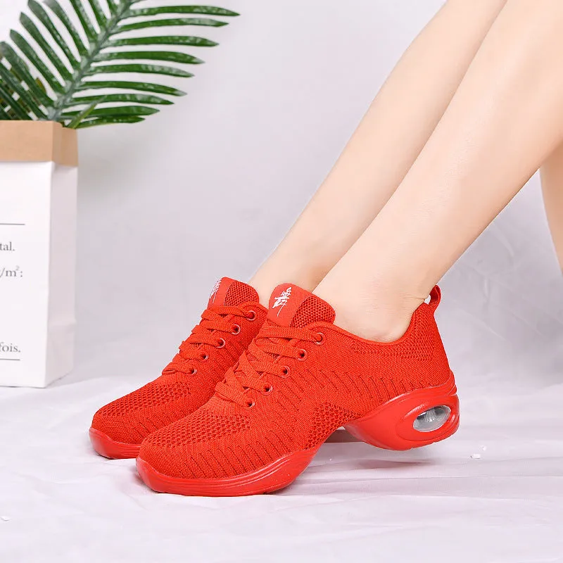 Women's white mesh dancing shoes with breathable upper and light PU sole